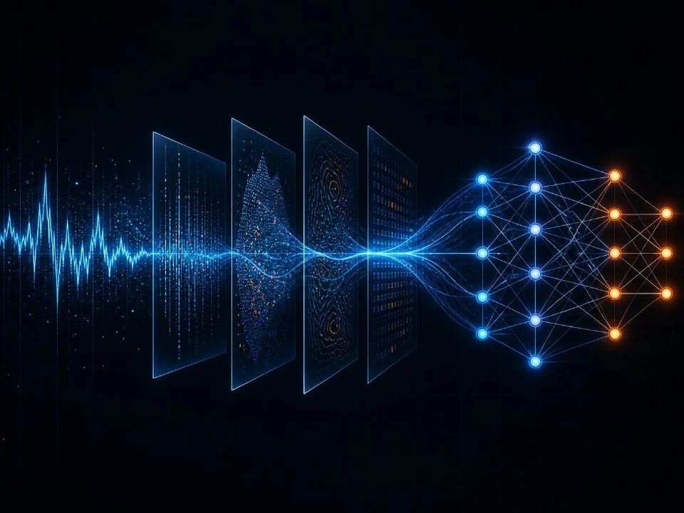 A blue waveform flowing through frequency-domain panels into a neural network with orange output nodes
