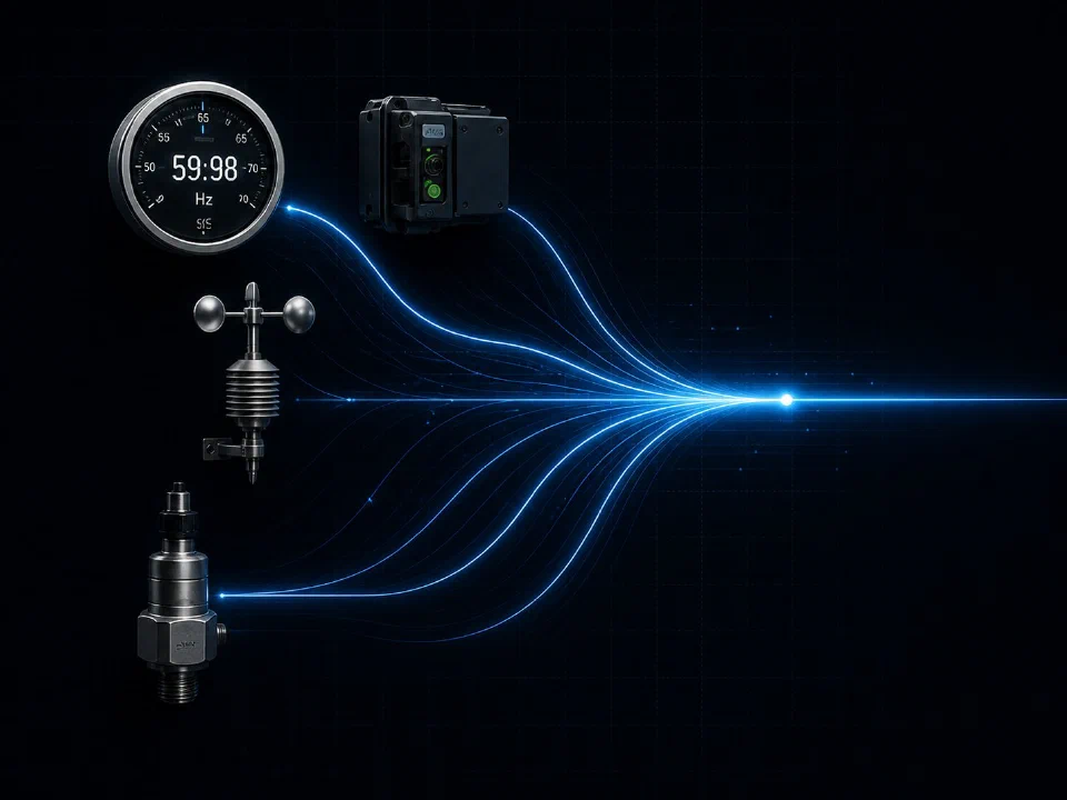 Heterogeneous physical sensors connected via blue glowing lines converging to a single point
