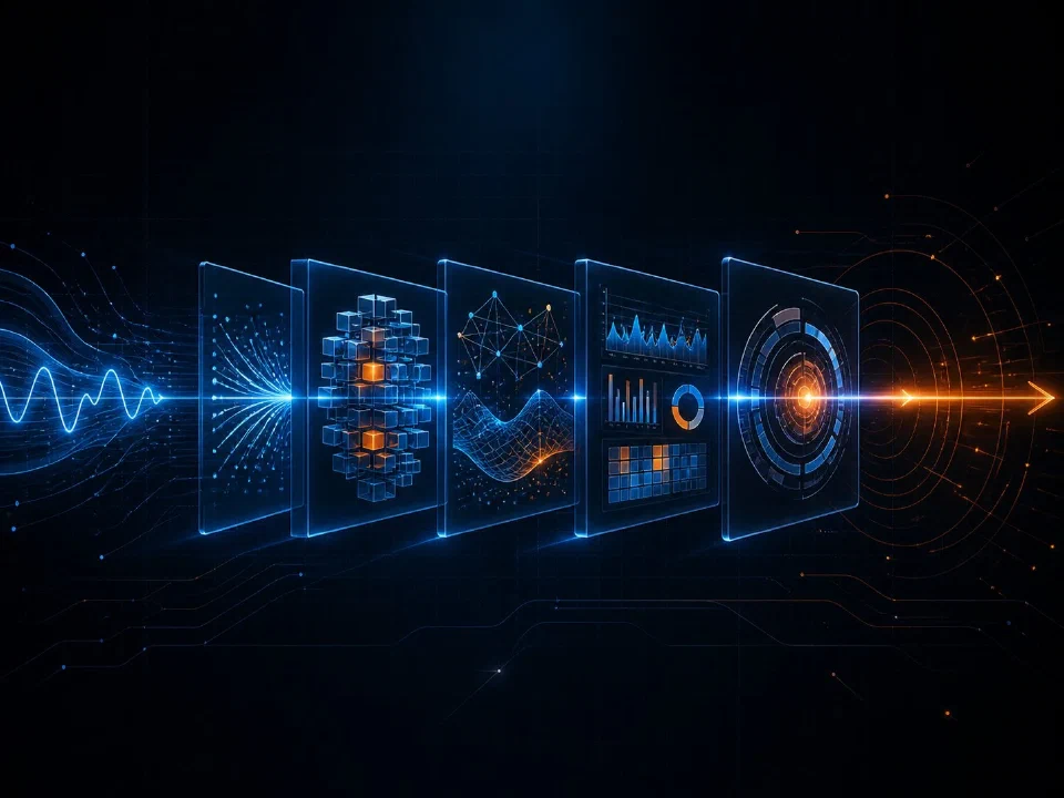 A signal flowing through five processing stages from raw data points through analytics to operationalized inference