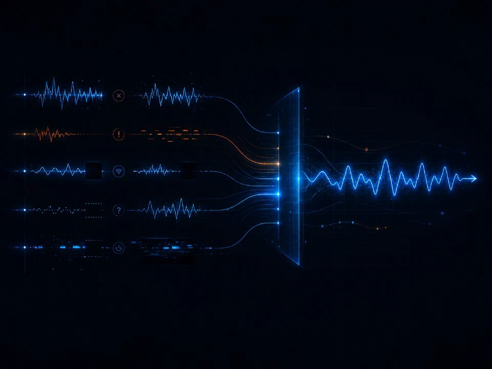 Messy input signals with errors, gaps, and dropouts flowing through a barrier and emerging as a single clean waveform