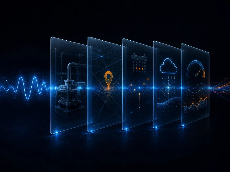 A signal passing through layered transparent panels representing asset, location, time, environment, and operating state context