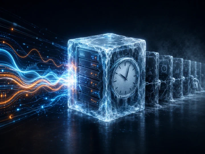 A server rack encased in ice with live waveforms flowing into it, illustrating historical data preserved but unreachable through legacy architectures.