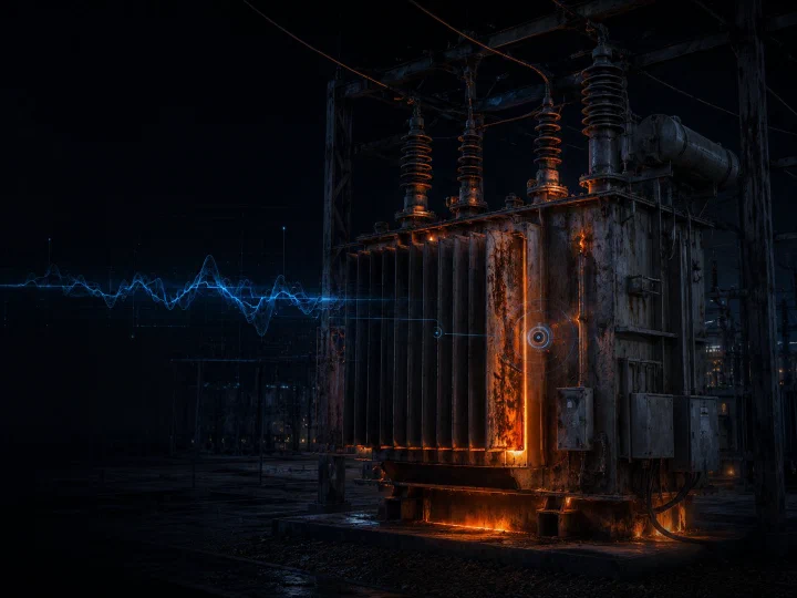 Rusted aging transformer at night with internal heat glow and external waveform telemetry