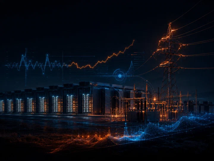 Data center server racks adjacent to a substation at night with waveforms and a volatility arrow