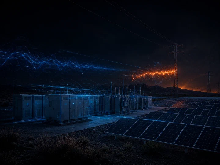 Solar arrays and battery storage facility at night with energy beams and waveforms representing inverter-based resources