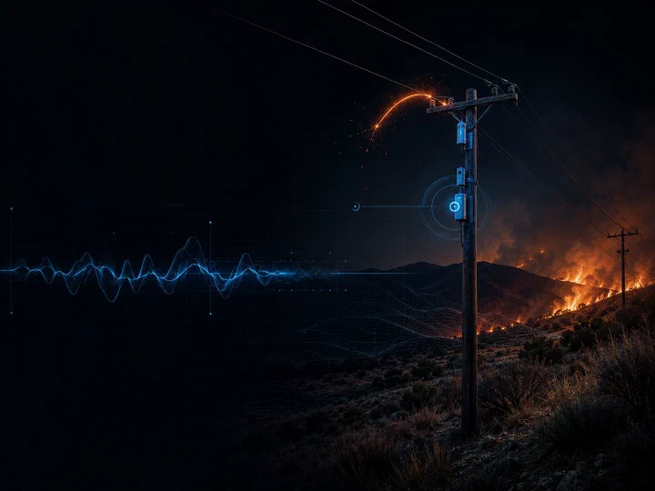 Distribution power pole with sparks and arc fault on a hillside as wildfire spreads behind it